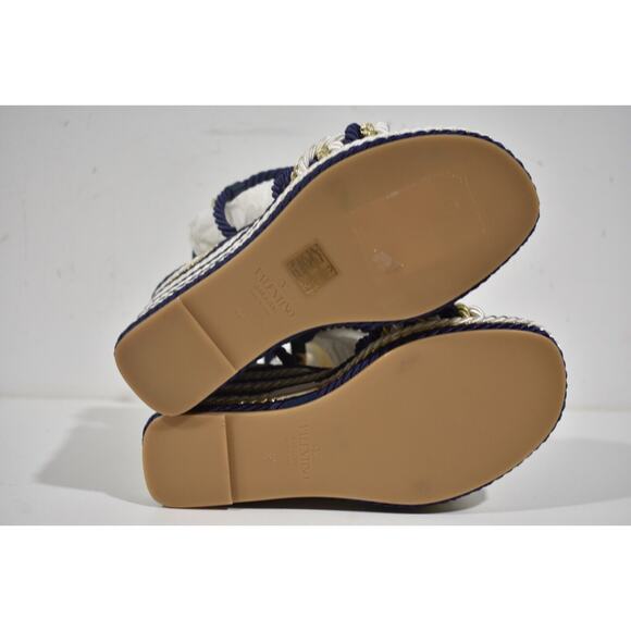 Valentino Rockstud Torchon Blue Stripe Cord Rope Wedge Ankle Strap Sandal 36 - Picture 12 of 12